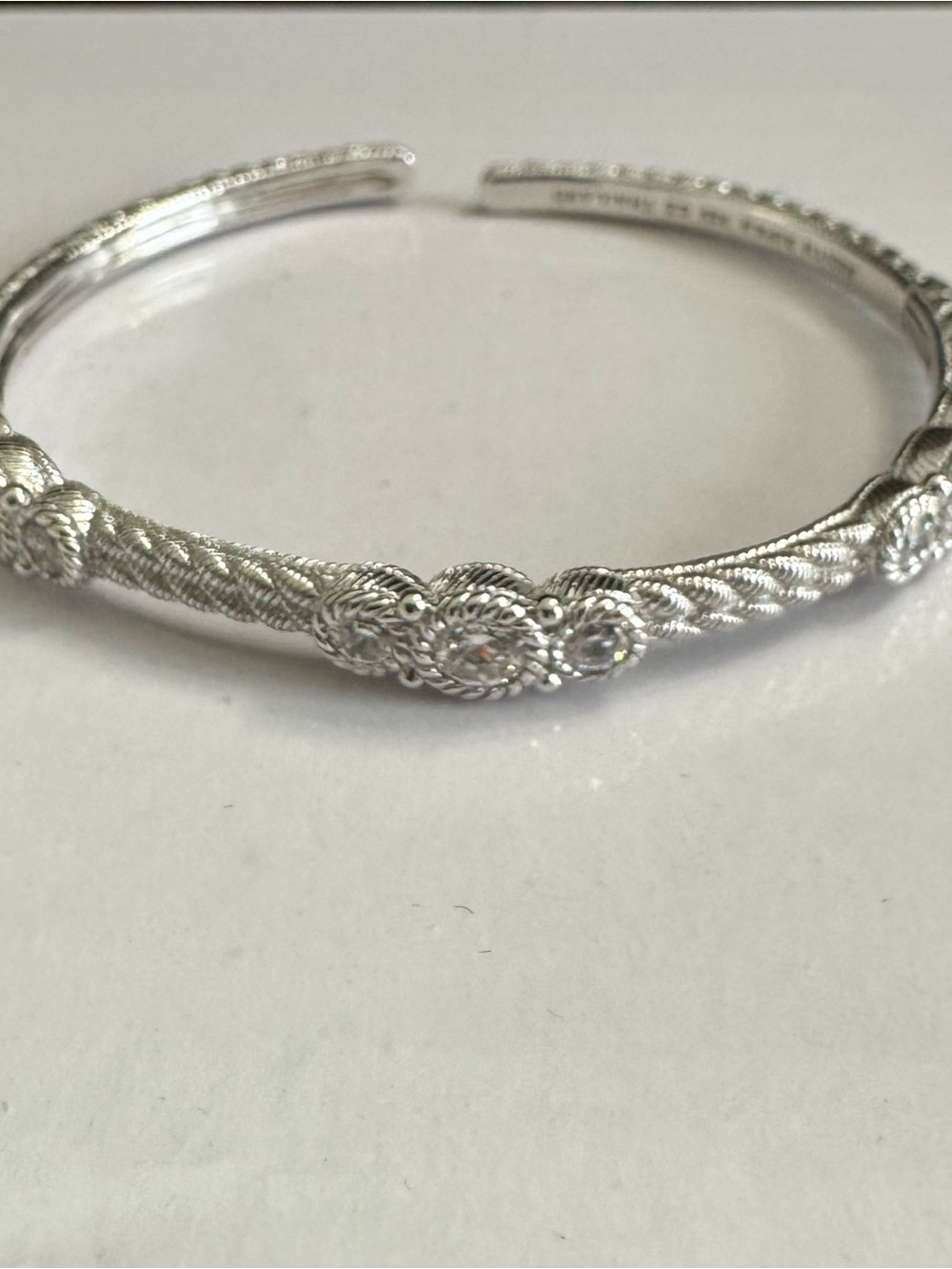 Judith Ripka 925 Silver Textured Bangle w/ Stations 3  Round Diamonique Crystals - Picture 3 of 9